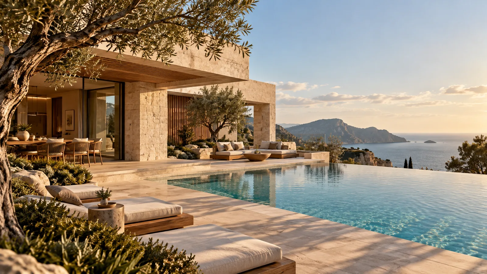 Terraço com piscina de borda infinita e paisagem costeira